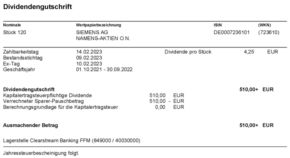 Dividendengutschrift Siemens im Februar 2023