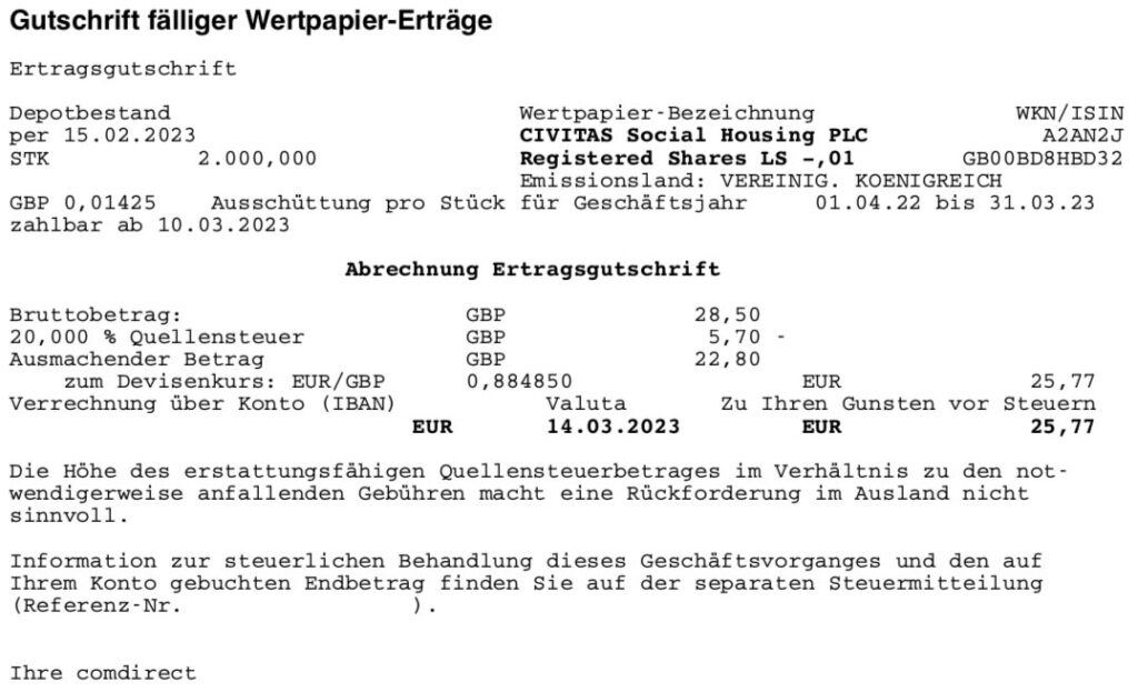 Dividende Civitas Social Housing im März 2023 comdirect