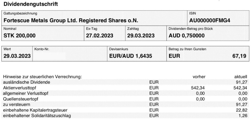 Dividendengutschrift Fortescue Metals Group im März 2023