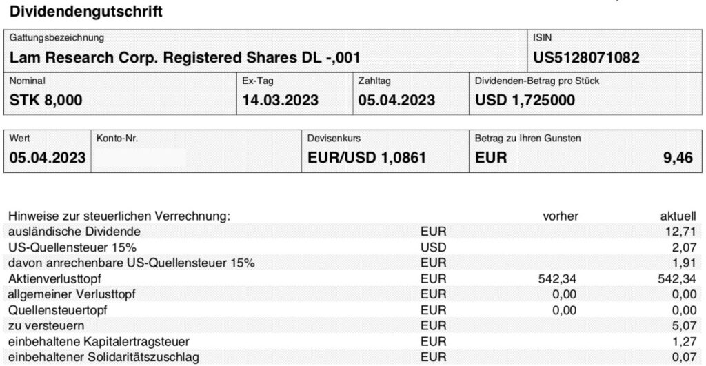 Dividendenzahlung Lam Research im April 2023 beim Smartbroker