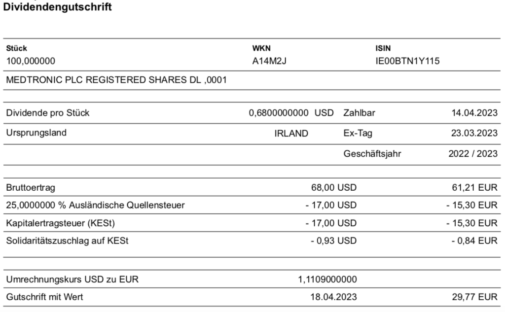 Dividendengutschrift Medtronic im April 2023