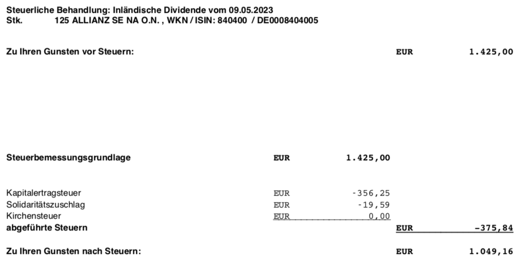 Dividendengutschrift Allianz im Mai 2023 Steuerabrechnung