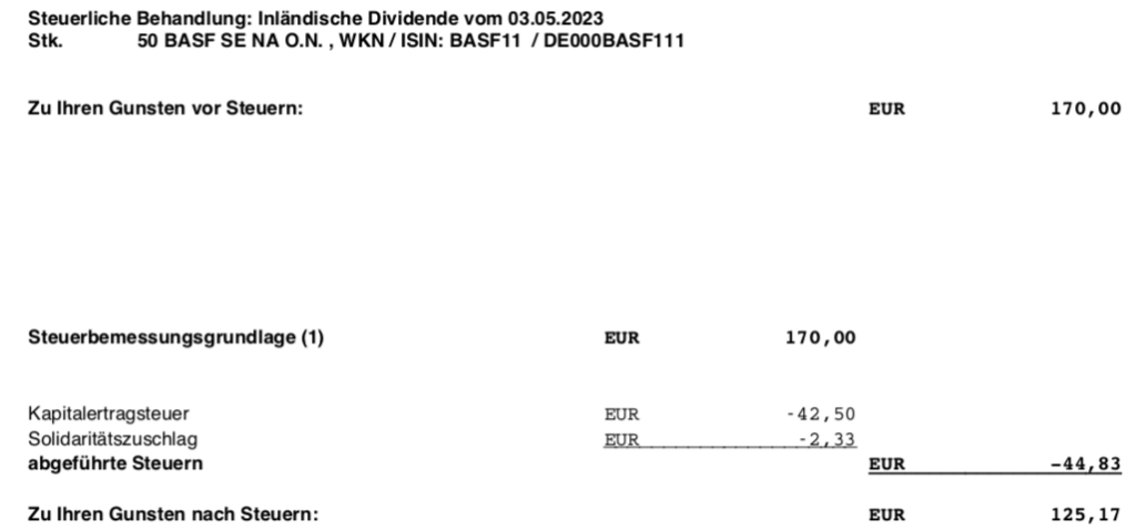 Dividendengutschrift BASF im Mai 2023 Steuerabzug