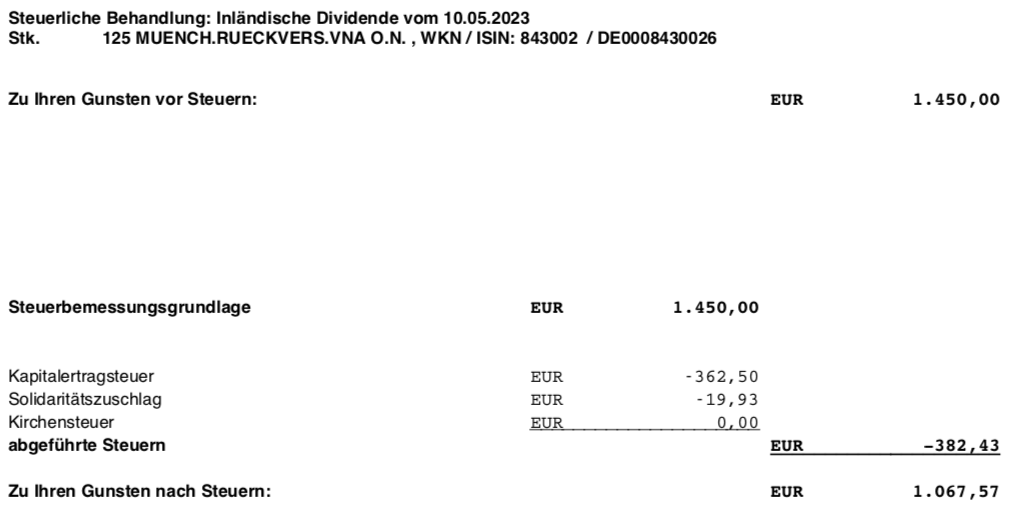 Dividendengutschrift Munich Re im Mai 2023 Steuer