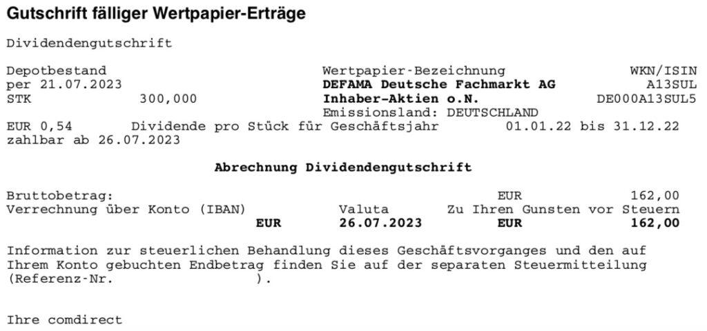 Dividendengutschrift Defama im Juli 2023 comdirect