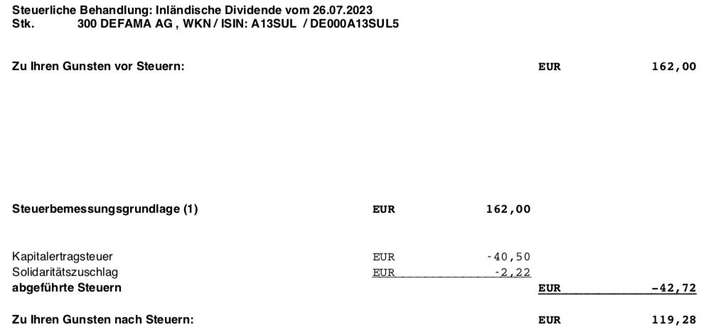 Dividendengutschrift Defama im Juli 2023 comdirect Steuer