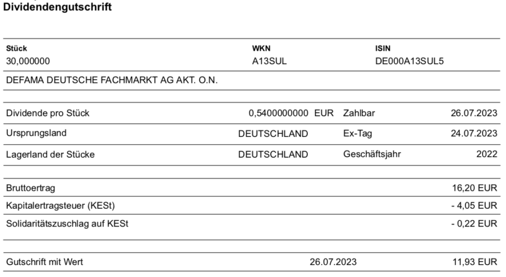 Dividendengutschrift Defama im Juli 2023 maxblue