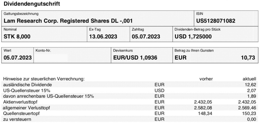 Dividendenzahlung Lam Research im Juli 2023 beim Smartbroker