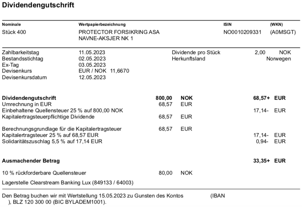 Dividendengutschrift Protector Forsikring im Mai 2023
