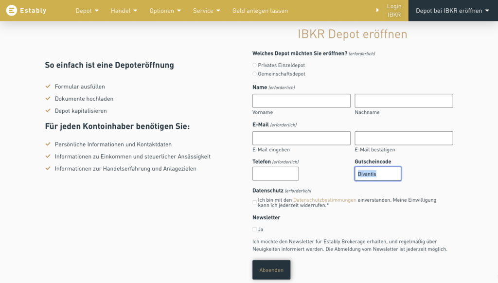 Depoteröffnung bei Estably mit dem Gutscheincode Divantis