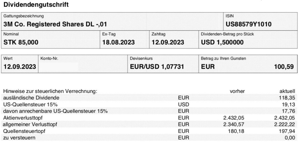 Dividendengutschrift 3M im September 2023