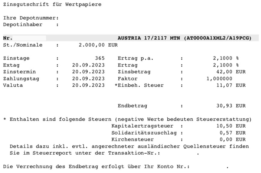 Zinsabrechnung von Flatex für die Österreich-Anleihe