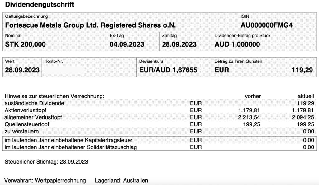 Dividendengutschrift Fortescue Metals Group im September 2023 Smartbroker