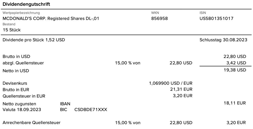 Dividendengutschrift McDonald's im Juni 2023