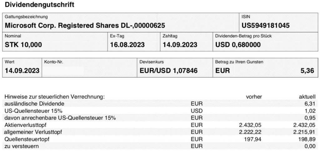 Dividendengutschrift Microsoft im September 2023 Smartbroker