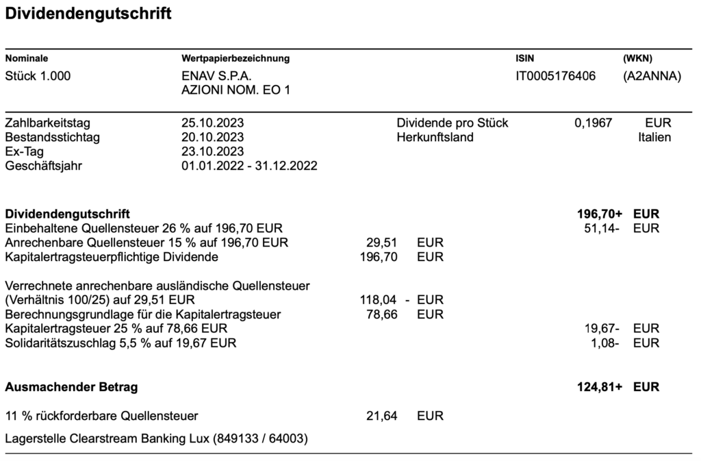 Dividendengutschrift ENAV im Oktober 2023