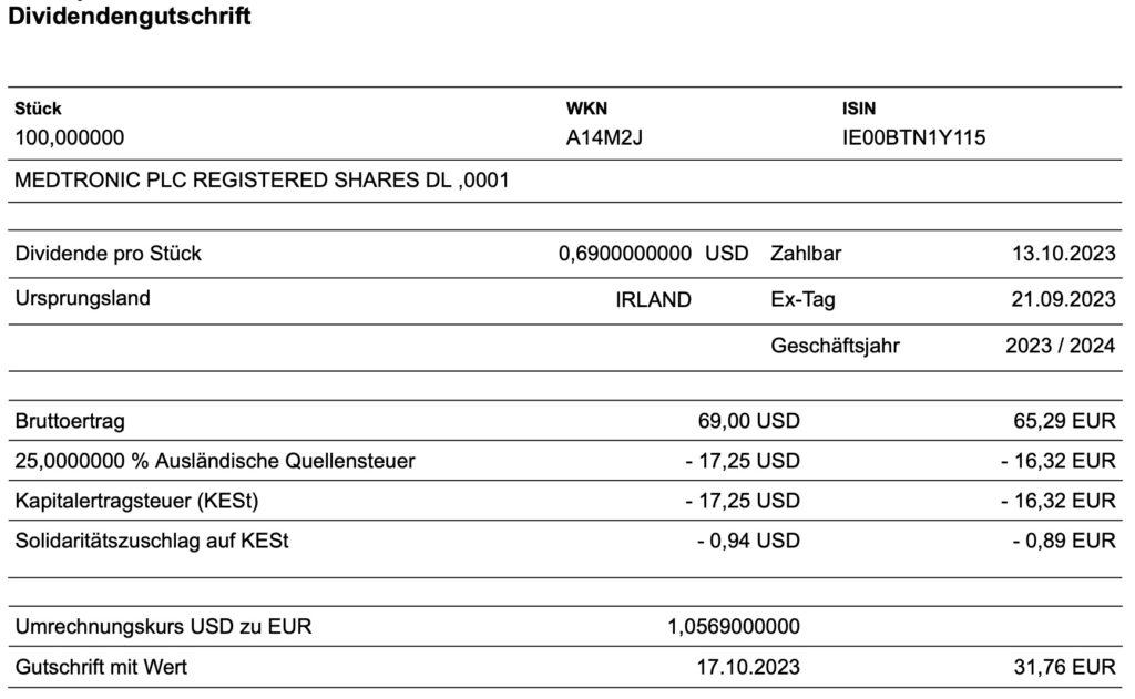 Dividendengutschrift Medtronic im Oktober 2023