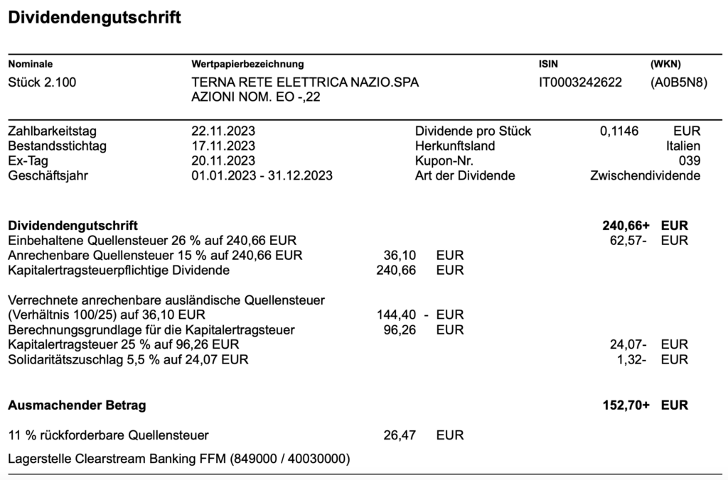 Dividendengutschrift TERNA im November 2023