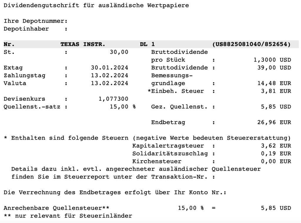 Dividendengutschrift Texas Instruments im Februar 2024