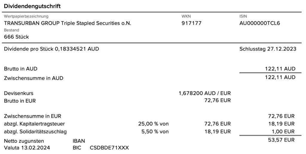 Dividendengutschrift Transurban Group im Februar 2024 ohne Quellensteuer