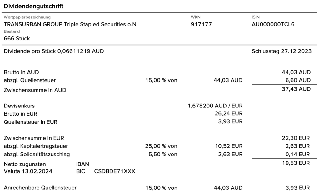 Dividendengutschrift Transurban Group im Februar 2024 mit 15% Quellensteuer