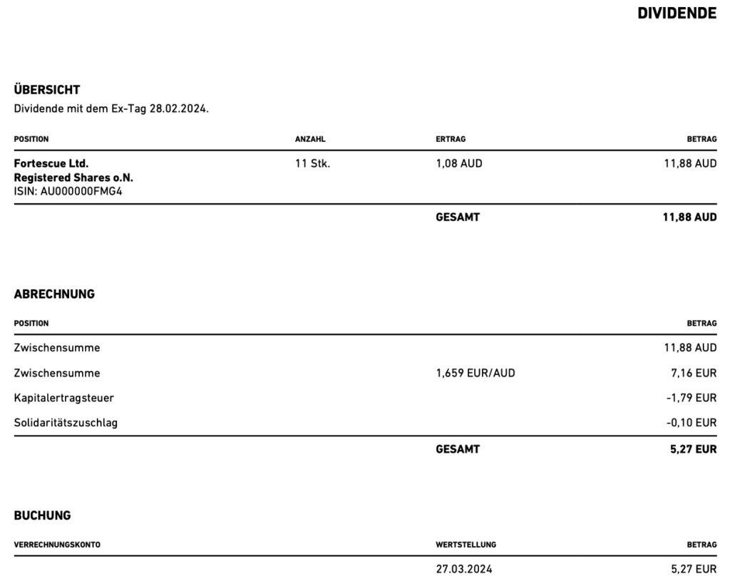Dividendengutschrift Fortescue Metals Group im März 2024 Trade Republic