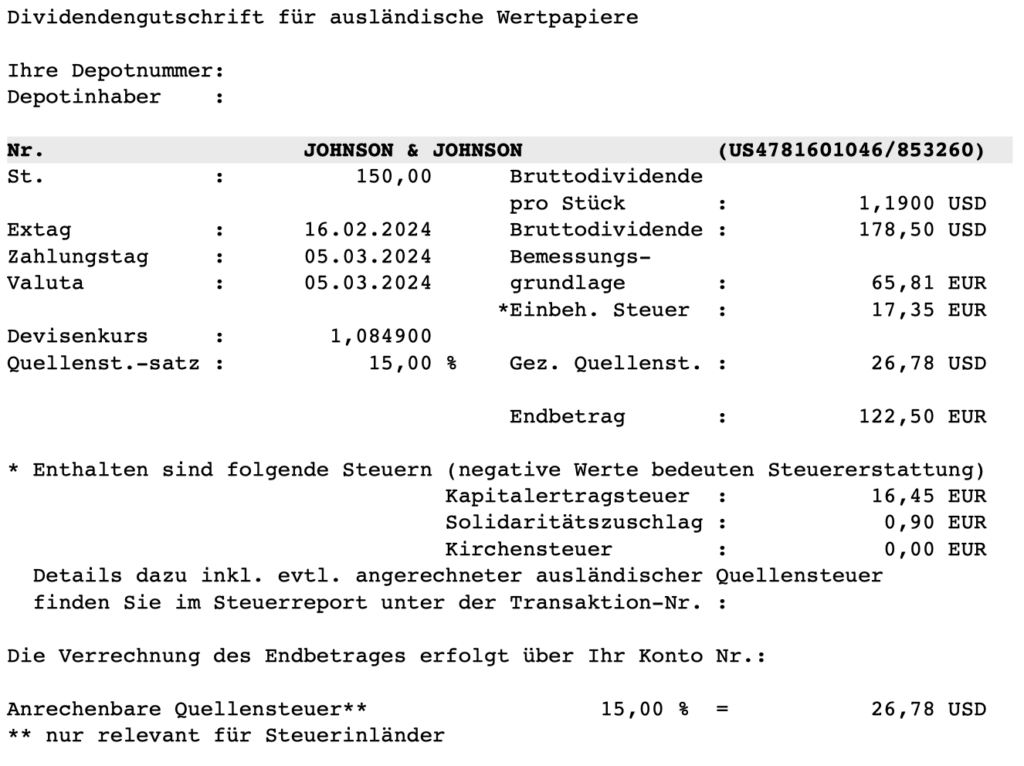 Dividendengutschrift Johnson & Johnson im März 2024