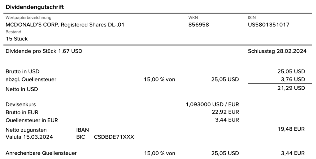 Dividendengutschrift McDonald's im März 2024