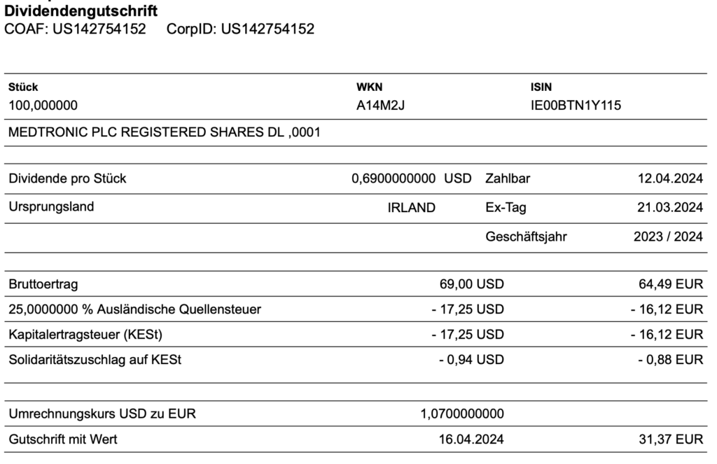 Dividendengutschrift Medtronic im April 2024