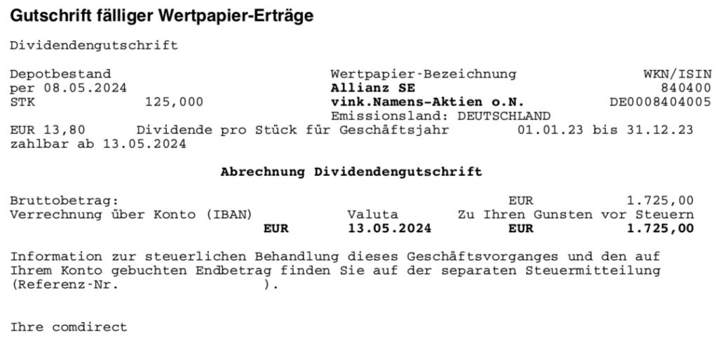 Dividendengutschrift Allianz im Mai 2024