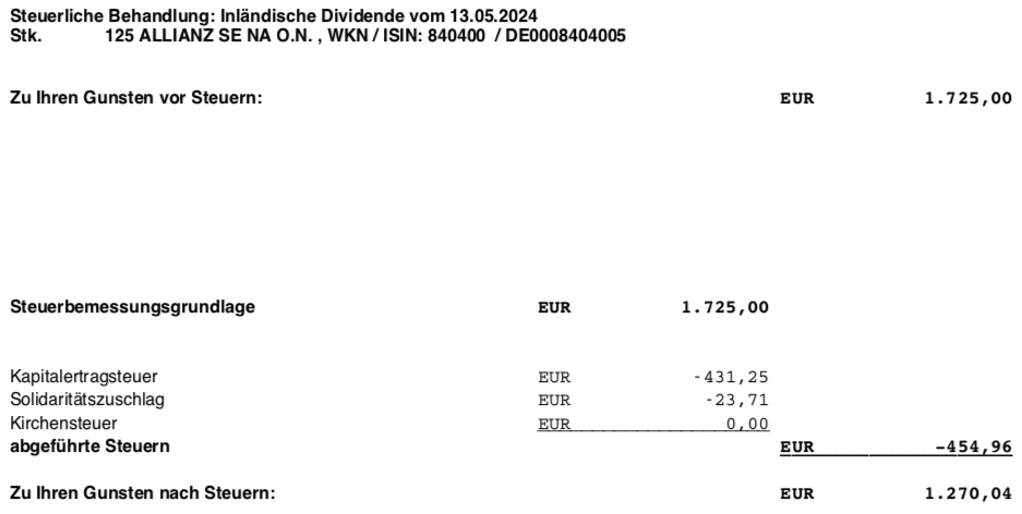 Dividendengutschrift Allianz im Mai 2024 Steuerabrechnung