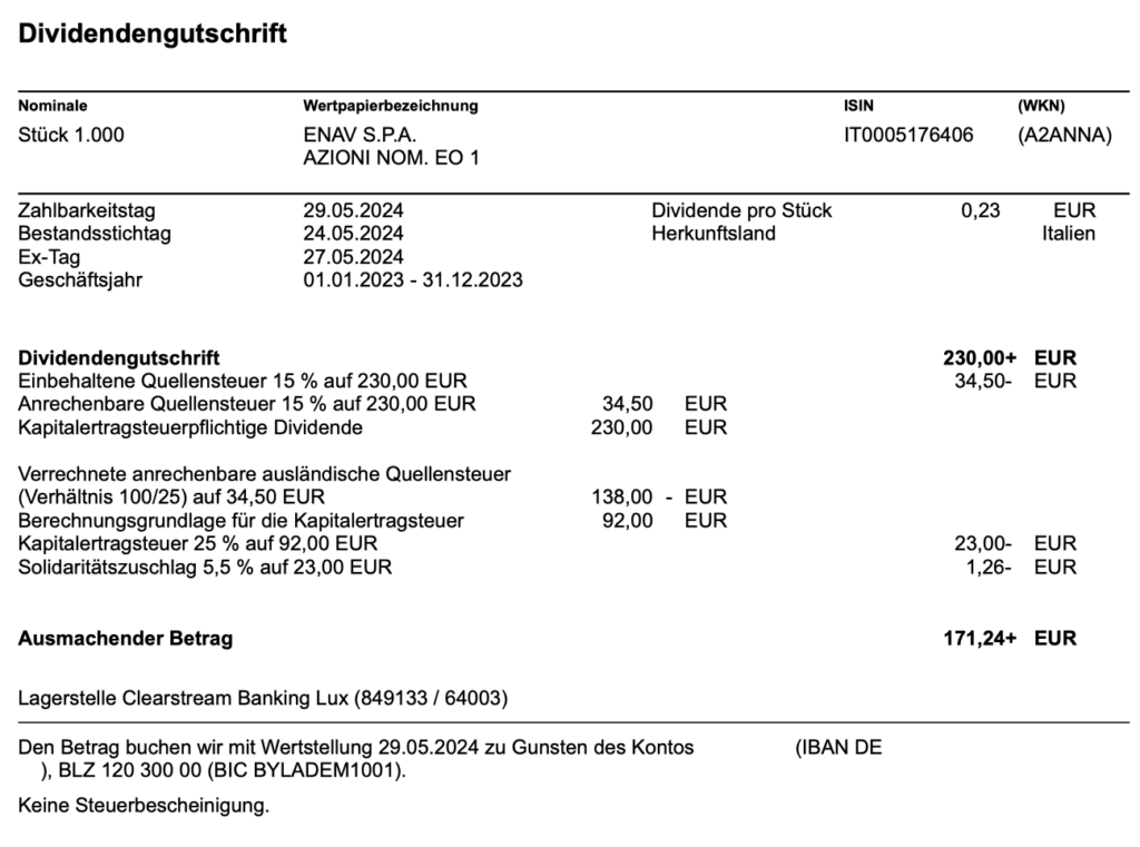 ENAV Dividendenabrechnung im Mai 2024