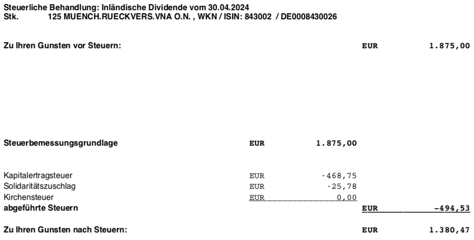 Dividendengutschrift Munich Re im April 2024 Steuer