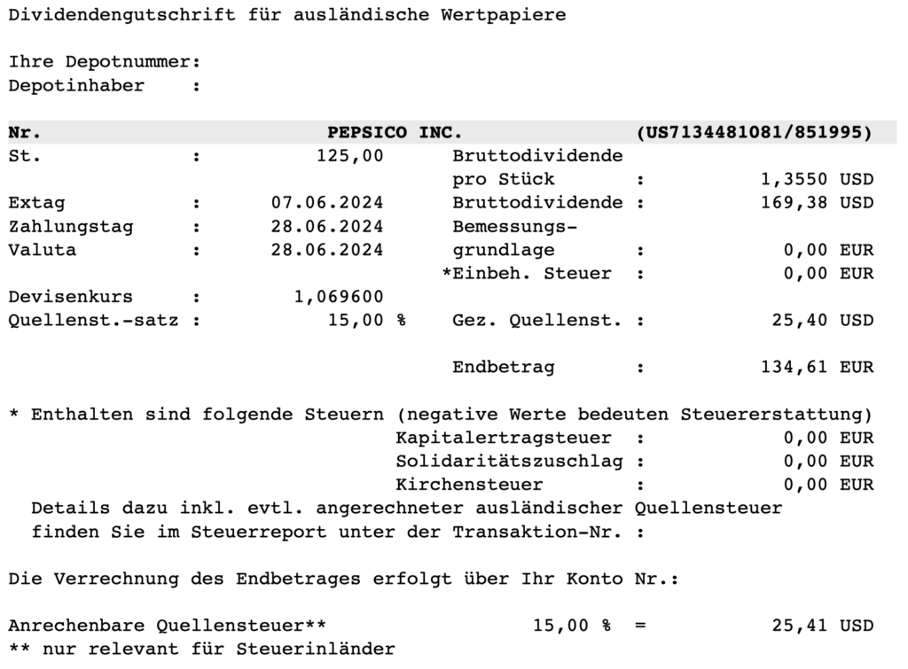Dividendengutschrift PepsiCo im Juni 2024