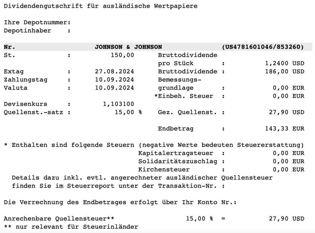 Dividendengutschrift Johnson & Johnson im September 2024