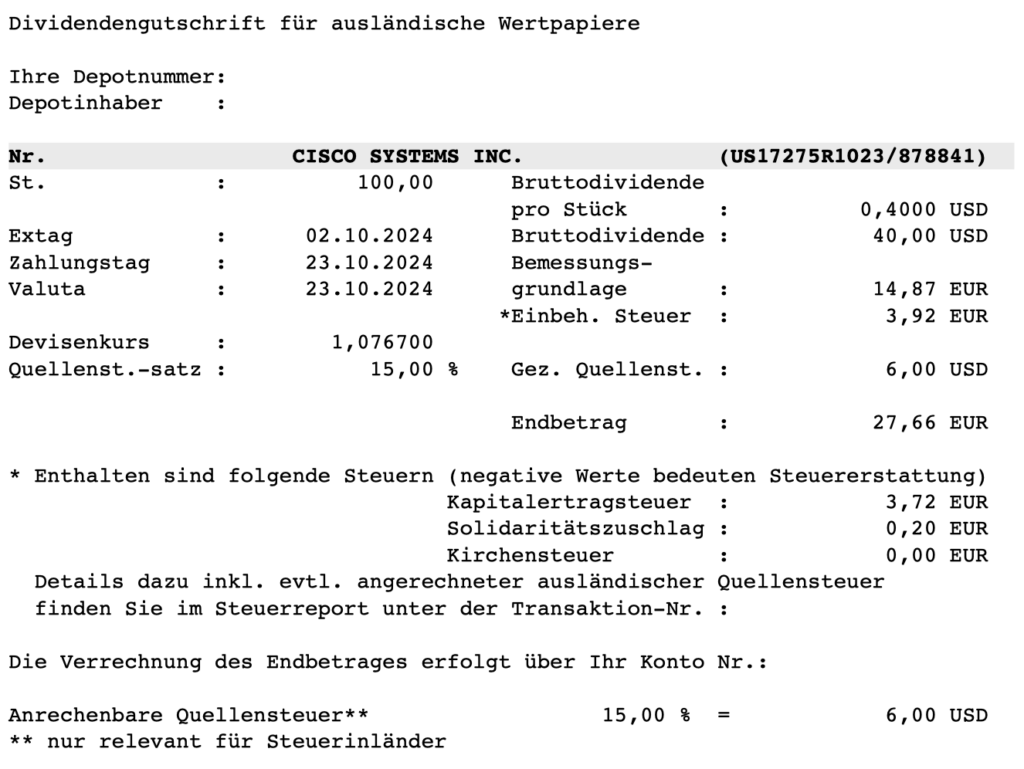 Dividendengutschrift Cisco Systems im Oktober 2024