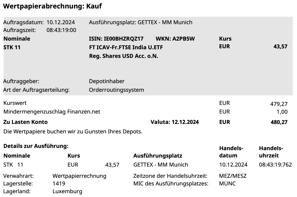 Kaufabrechnung Franklin FTSE India