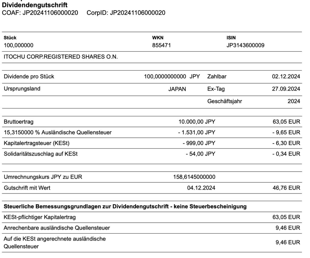 Dividendengutschrift Itochu bei maxblue
