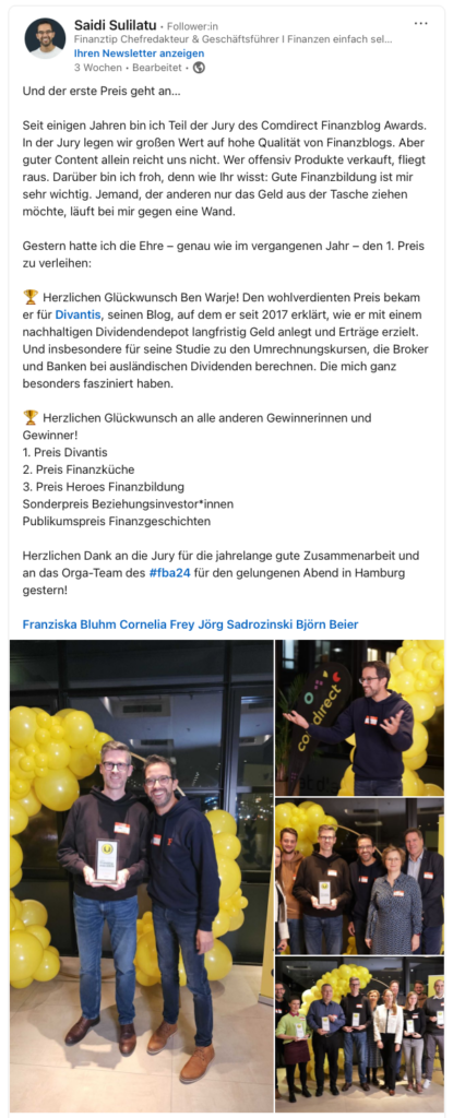 Saidi Sulilatu gratuliert zum Ersten Preis beim comdirect finanzblog award 2024