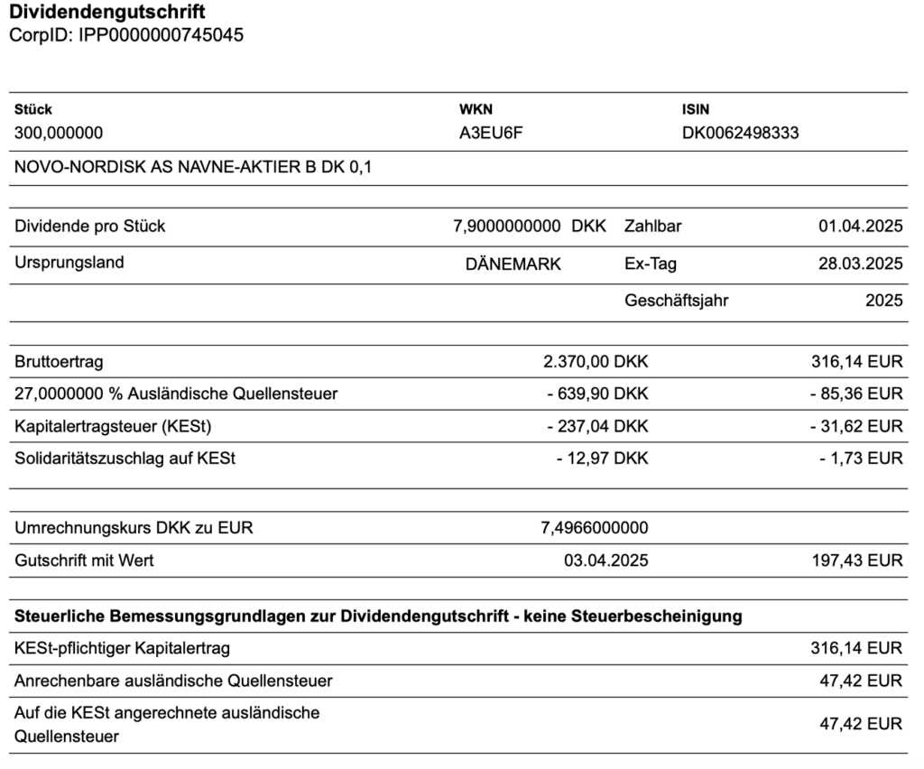 Dividendengutschrift Novo Nordisk im April 2025