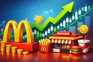 3D‑Illustration mit McDonald’s‑Symbolik: Im Vordergrund das goldene M‑Logo, daneben eine Miniatur‑Filiale, Pommes und Getränkebecher. Im Hintergrund steigt ein grüner Aktienkurs‑Pfeil über eine blaue Finanzgrafik mit leuchtenden Zahlen und Candlestick‑Diagramm. Das Bild vermittelt Wachstum, Dividendenstärke und langfristigen Anlageerfolg der McDonald’s‑Aktie.